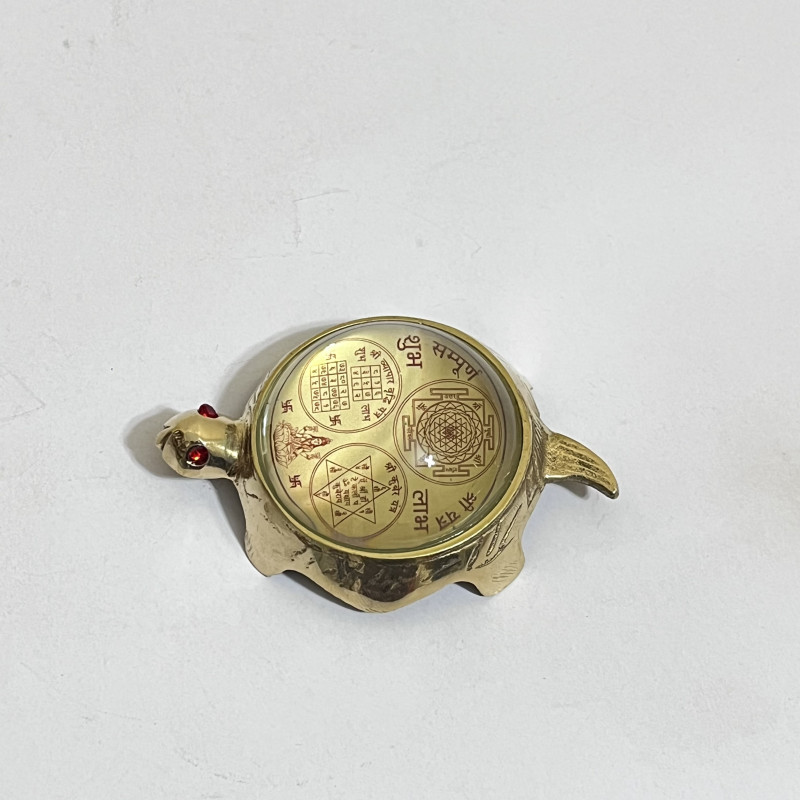 Brass Feng Shui Turtle with Glass Shree Yantra Lucky Charm Metal Tortoise Shreeyantra Vastu Kachua for Health & Wealth