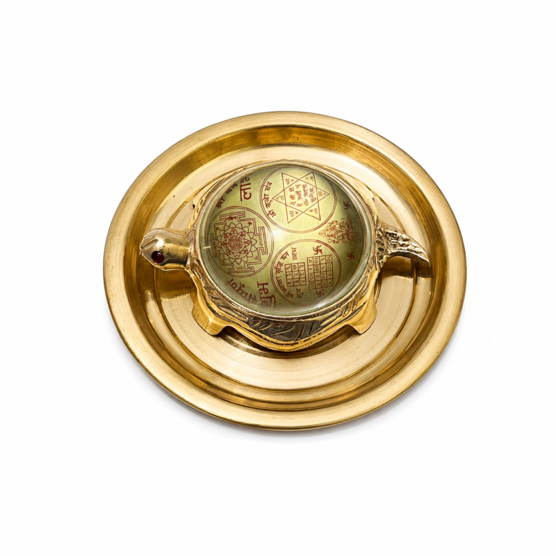 Brass Feng Shui Turtle with Glass Shree Yantra Lucky Charm Metal Tortoise Shreeyantra Vastu Kachua for Health & Wealth