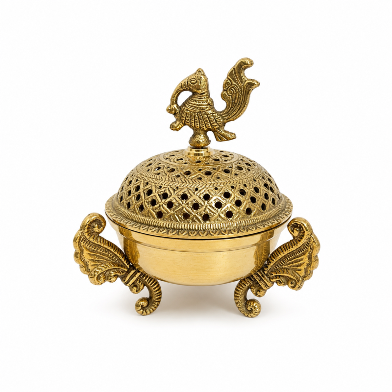 Premium Brass Loban Burner with Peacock Incense Holder